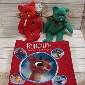 Christmas Holiday 3 pc Set Rudolph Soft Book and 2 Vtg Beanie Bears from 2003